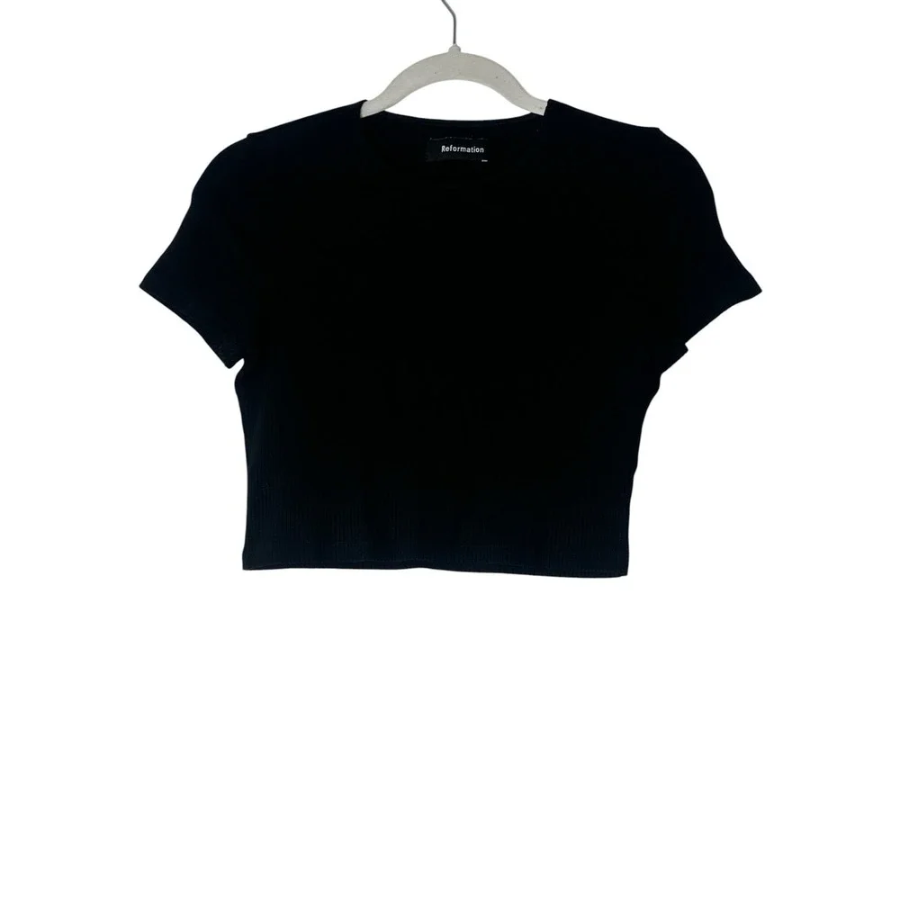 Reformation Top Women's Large Black Crop Stretch Basic Short‎ Sleeve Classic